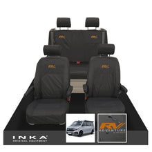 Load image into Gallery viewer, VW California Ocean/Coast/Beach/Surf Inka Fully Tailored Waterproof Seat Covers Black Front & Rear With ISOFIX Fits T6.1 ,T6,T5.1 all model years fits with and without airbags - RV ADVENTURE Embroidery