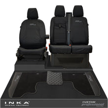Load image into Gallery viewer, Ford Transit Custom MK1 Front 1+2 Tailored Waterproof Seat Covers & Tailored Leatherette Floor Mat Black MY-12-23 (Choice of 7 Colours)- Custom Professional Embroidery