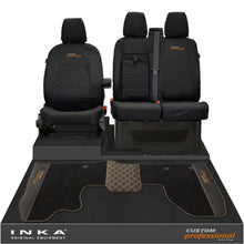 Load image into Gallery viewer, Ford Transit Custom MK1 Front 1+2 Tailored Waterproof Seat Covers & Tailored Leatherette Floor Mat Black MY-12-23 (Choice of 7 Colours)- Custom Professional Embroidery