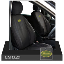Load image into Gallery viewer, New Model Land Rover Defender L663 MY20 Onwards INKA Fully Tailored Waterproof Seat Covers Black Front Set. Fits 90, 110 & 130.With Balmoral Embroidery.