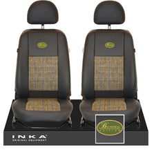 Load image into Gallery viewer, Land Rover Defender L316 INKA Front 1+1 Tailored Leatherette Seat Covers Ebony Black & Harris Tweed MY07-16 With Embroidery