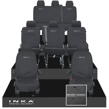 Load image into Gallery viewer, VW Transporter Shuttle T6.1, T6 8 Seater Tailored Waterproof Seat Covers Black MY 15-23 - Sport-Series Embroidery