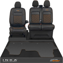 Load image into Gallery viewer, All New Ford Transit Custom Front 1+2 Bentley Diamond Quilt Leatherette Tailored Seat Covers & Tailored Rubber Mat Black MY-2024 (Choice of 7 Colours) - Custom Sport Embroidery
