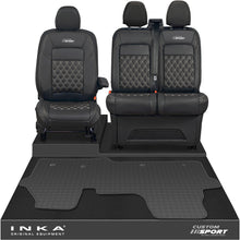 Load image into Gallery viewer, All New Ford Transit Custom Front 1+2 Bentley Diamond Quilt Leatherette Tailored Seat Covers & Tailored Rubber Mat Black MY-2024 (Choice of 7 Colours) - Custom Sport Embroidery