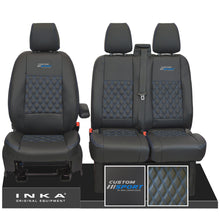Load image into Gallery viewer, Ford Transit Custom Sport Embroidery INKA Front Set 1+2 Tailored Leatherette Bentley Diamond Quilt Stitching Second Skin Seat Covers Black MY12-23 Choice of 7 colours