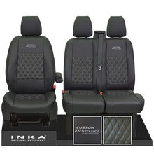 Load image into Gallery viewer, Ford Transit Custom Sport Embroidery INKA Front Set 1+2 Tailored Leatherette Bentley Diamond Quilt Stitching Second Skin Seat Covers Black MY12-23 Choice of 7 colours