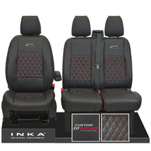 Load image into Gallery viewer, Ford Transit Custom Sport Embroidery INKA Front Set 1+2 Tailored Leatherette Bentley Diamond Quilt Stitching Second Skin Seat Covers Black MY12-23 Choice of 7 colours