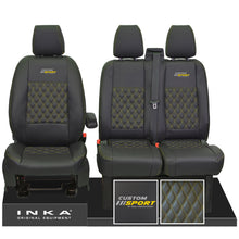 Load image into Gallery viewer, Ford Transit Custom Sport Embroidery INKA Front Set 1+2 Tailored Leatherette Bentley Diamond Quilt Stitching Second Skin Seat Covers Black MY12-23 Choice of 7 colours