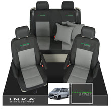 Load image into Gallery viewer, VW California T6.1, T6, T5.1, T5 Ocean, Coast, Beach, SE, Surf INKA Tailored Front & Rear Seat Covers Set Second Skin Black With Grey Vision centres With Embroidery MY14 Onwards