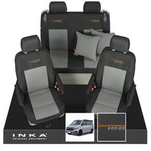 Load image into Gallery viewer, VW California T6.1, T6, T5.1, T5 Ocean, Coast, Beach, SE, Surf INKA Tailored Front & Rear Seat Covers Set Second Skin Black With Grey Vision centres With Embroidery MY14 Onwards