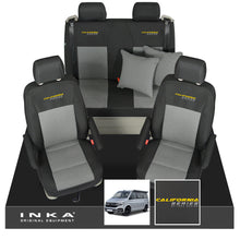 Load image into Gallery viewer, VW California T6.1, T6, T5.1, T5 Ocean, Coast, Beach, SE, Surf INKA Tailored Front & Rear Seat Covers Set Second Skin Black With Grey Vision centres With Embroidery MY14 Onwards