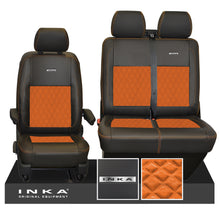 Load image into Gallery viewer, VW Transporter T6.1, T6, T5.1 Front 1+2 INKA Steel Badge Leatherette Suedetara Tailored Seat Covers Black Fits Panel Van & Kombi