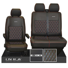 Load image into Gallery viewer, VW Transporter T6.1, T6, T5.1 Front 1+2 INKA Steel Badge Leatherette Tailored Seat Covers Black Fits Panel Van & Kombi