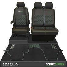 Load image into Gallery viewer, New VW Transporter T6.1, T6, T5.1 Front 1+2 Bentley Diamond Quilt Tailored Leatherette Seat Covers & Matching Tailored Floor Mat Black - Sport-Series Embroidery