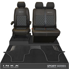 Load image into Gallery viewer, New VW Transporter T6.1, T6, T5.1 Front 1+2 Bentley Diamond Quilt Tailored Leatherette Seat Covers & Matching Tailored Floor Mat Black - Sport-Series Embroidery
