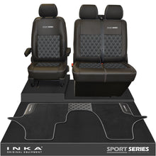 Load image into Gallery viewer, New VW Transporter T6.1, T6, T5.1 Front 1+2 Bentley Diamond Quilt Tailored Leatherette Seat Covers & Matching Tailored Floor Mat Black - Sport-Series Embroidery