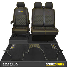Load image into Gallery viewer, New VW Transporter T6.1, T6, T5.1 Front 1+2 Bentley Diamond Quilt Tailored Leatherette Seat Covers & Matching Tailored Floor Mat Black - Sport-Series Embroidery