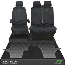 Load image into Gallery viewer, VW Transporter T6.1,T6,T5.1 INKA Front 1+2 Tailored Waterproof Seat Covers & Tailored Rubber Floor Mat Black - R-Series Embroidery