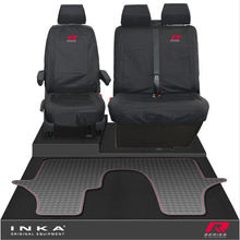 Load image into Gallery viewer, VW Transporter T6.1,T6,T5.1 INKA Front 1+2 Tailored Waterproof Seat Covers & Tailored Rubber Floor Mat Black - R-Series Embroidery