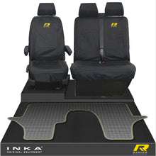 Load image into Gallery viewer, VW Transporter T6.1,T6,T5.1 INKA Front 1+2 Tailored Waterproof Seat Covers & Tailored Rubber Floor Mat Black - R-Series Embroidery