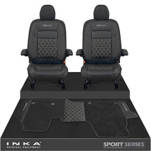 Load image into Gallery viewer, New VW Transporter T7 Panel Van INKA Front Bentley Leatherette Tailored Seat Covers & Matching Tailored Floor Mat Black MY25 Onwards - Sport-Series Embroidery