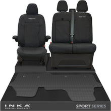 Load image into Gallery viewer, New VW Transporter T7 Panel Van INKA Front Set Tailored Waterproof Seat Covers & Tailored Rubber Mat Black MY25 Onwards