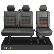 Load image into Gallery viewer, VW Transporter T6, T6.1 Rear 2+1 INKA Tailored Matt Black Leatherette Covers with GTi Tartan Centres