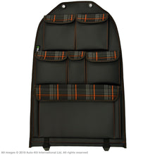 Load image into Gallery viewer, VW California T6.1,T6,T5 Inka Seatstor Seat Storage Six Pocket Organsier Tidy Black Leatherette With Tartan and colour matching bespoke " California Series" embroidery
