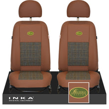 Load image into Gallery viewer, Land Rover Defender L316 INKA Tan Leatherette &amp; Harris Tweed Front 1+1 Tailored Seat Covers MY07-16 With Embroidery

