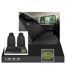 Load image into Gallery viewer, Land Rover Defender INKA Front 1+1 &amp; Rear 60/40 Split Set Tailored Waterproof Seat Covers Black MY-07-16 - Balmoral Embroidery
