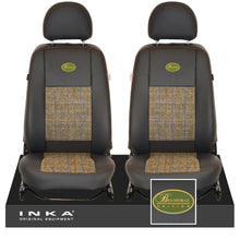 Load image into Gallery viewer, Land Rover Defender L316 INKA Front Pair Tailored Leatherette Seat Covers Ebony Black &amp; Harris Tweed MY07-16 With Embroidery
