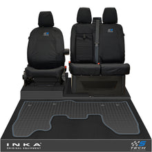 Load image into Gallery viewer, Ford Transit Custom INKA Front 1+2 Tailored Waterproof Seat Covers &amp; Tailored Rubber Mat Black MY-12-23 (Choice of 7 Colours) - S-TECH Embroidery
