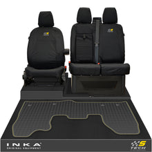 Load image into Gallery viewer, Ford Transit Custom INKA Front 1+2 Tailored Waterproof Seat Covers &amp; Tailored Rubber Mat Black MY-12-23 (Choice of 7 Colours) - S-TECH Embroidery
