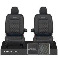Load image into Gallery viewer, All New Ford Transit Custom Front 1+1 CUSTOM SPORT INKA Bentley Leatherette Tailored Seat Covers Black MY-2024 (Choice of 7 Colours)
