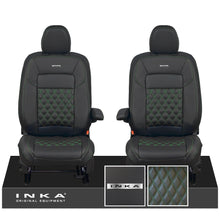 Load image into Gallery viewer, All New Ford Transit Custom Front 1+1 Steel Badge INKA Bentley Leatherette Tailored Seat Covers Black MY-2024 (Choice of 7 Colours)
