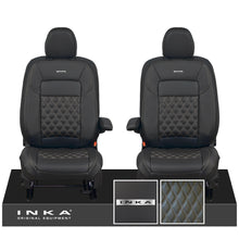 Load image into Gallery viewer, All New Ford Transit Custom Front 1+1 Steel Badge INKA Bentley Leatherette Tailored Seat Covers Black MY-2024 (Choice of 7 Colours)
