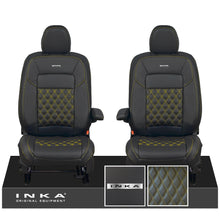 Load image into Gallery viewer, All New Ford Transit Custom Front 1+1 Steel Badge INKA Bentley Leatherette Tailored Seat Covers Black MY-2024 (Choice of 7 Colours)

