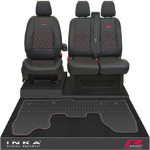 Load image into Gallery viewer, Ford Transit Custom MK1 Front 1+2 Bentley Diamond Quilt Leatherette Tailored Seat Covers &amp; Tailored Rubber Mat Black MY-12-23 (Choice of 7 Colours) - R-SPORT Embroidery
