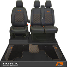 Load image into Gallery viewer, Ford Transit Custom Front 1+2 Bentley Diamond Quilt Tailored Seat Covers &amp; Matching Tailored Floor Mat Black MY2012-23 - R-SPORT Embroidery

