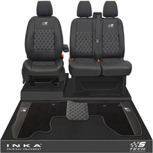 Load image into Gallery viewer, Ford Transit Custom Front 1+2 Bentley Diamond Quilt Tailored Seat Covers &amp; Matching Tailored Floor Mat Black MY2012-23
