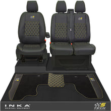 Load image into Gallery viewer, Ford Transit Custom Front 1+2 Bentley Diamond Quilt Tailored Seat Covers &amp; Matching Tailored Floor Mat Black MY2012-23
