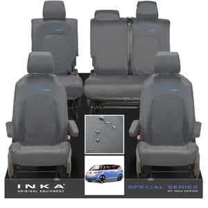 VW ID Buzz Life, Style, GTX Front & Rear Full Set INKA Tailored Waterproof Seat Covers Grey with Embroidery MY22 onwards