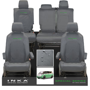 VW ID Buzz Life, Style, GTX Front & Rear Full Set INKA Tailored Waterproof Seat Covers Grey with Embroidery MY22 onwards