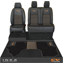 Load image into Gallery viewer, Mercedes Benz Sprinter Front 1+2 Bentley Leatherette Tailored Seat Covers &amp; Matching Tailored Floor Mat Black MY-2018> (7 Colours) - CV Racing Embroidery
