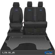 Load image into Gallery viewer, New Mercedes Benz Sprinter INKA Front 1+2 Tailored Waterproof Seat Covers &amp; Tailored Rubber Mat Black MY18 To Present - CV Racing Embroidery
