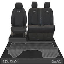 Load image into Gallery viewer, New Mercedes Benz Sprinter INKA Front 1+2 Tailored Waterproof Seat Covers &amp; Tailored Rubber Mat Black MY18 To Present - CV Racing Embroidery
