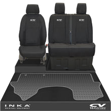 Load image into Gallery viewer, New Mercedes Benz Sprinter INKA Front 1+2 Tailored Waterproof Seat Covers &amp; Tailored Rubber Mat Black MY18 To Present - CV Racing Embroidery
