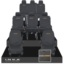 Load image into Gallery viewer, VW Transporter Shuttle T6.1, T6 8 Seater Tailored Waterproof Seat Covers Black MY 15-23 - Sport-Series Embroidery
