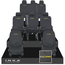 Load image into Gallery viewer, VW Transporter Shuttle T6.1, T6 8 Seater Tailored Waterproof Seat Covers Black MY 15-23 - Sport-Series Embroidery
