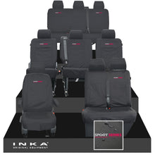 Load image into Gallery viewer, VW Transporter Shuttle T6.1, T6 Full Set Tailored Waterproof Seat Covers Black MY 15-23 - Sport-Series Embroidery
